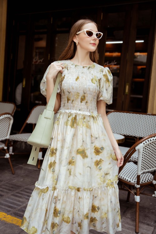 Sixdo Beige Short Sleeves Organza Midi Dress